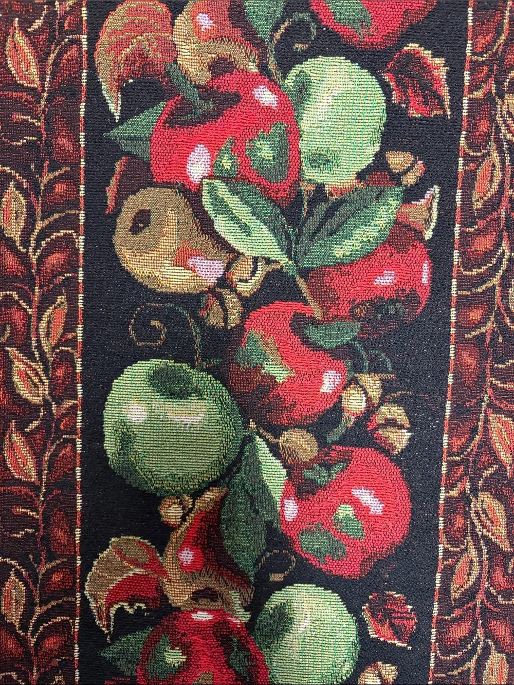 Vintage Tapestry Table Black Runner with Red and Green Apple Motif 64x12.5 EUC